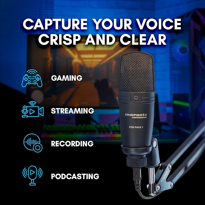Marantz Professional Pod Pack 1 USB Condenser Microphone Kit for Gaming, Streaming and Podcasting with Built-In Audio Interface, Adjustable Boom Arm and Desk Clamp, Plug-and-Play