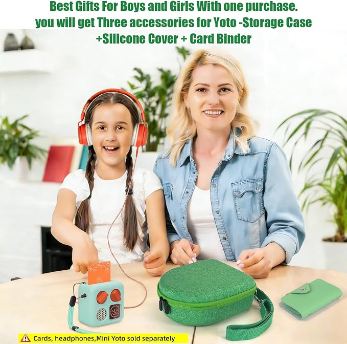 Hard Case Compatible with Yoto Mini (2024 Edition), 3-in-1 Travel Bundle: Silicone Cover + Case with Shoulder Strap (Fits Mini Player & Headphones) + Up to 10 Card Holder for YOTO Cards (Green)
