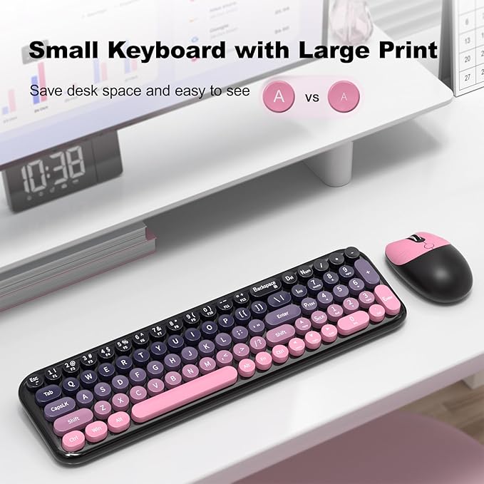 MOFII Wireless Keyboard and Mouse Combo, Compact Typewriter Retro Round Computer Keyboard and Mouse Set, Plug and Play, for Windows, Computer, Desktop, PC, Notebook - (Plum Pink Gradient)