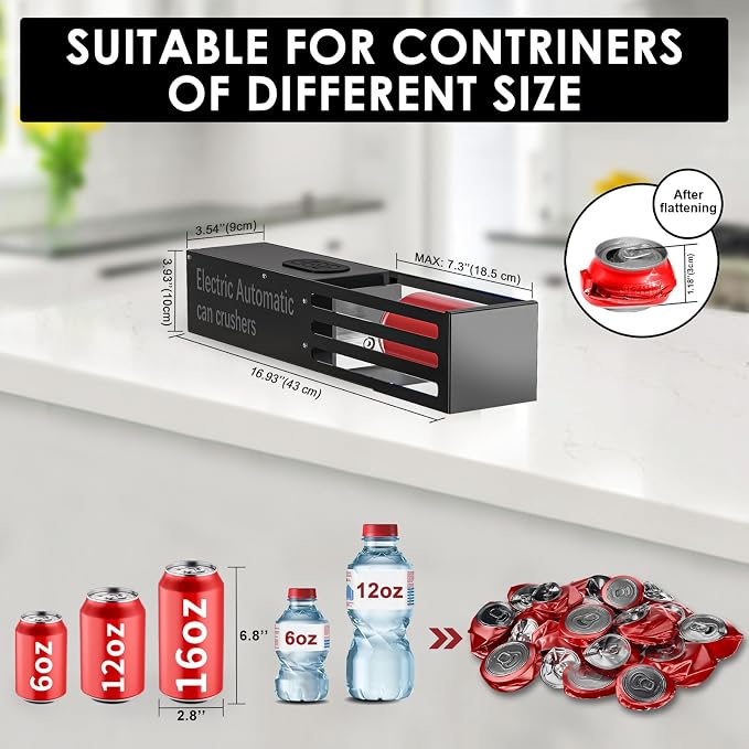 YOTAN Electric Can Crusher, Aluminum Can Crusher for Recycling 8oz&12oz&16oz, Wall Mounted, Heavy Duty Can Trash Compactor for Aluminum Seltzer, Soda, Beer Cans and Bottles