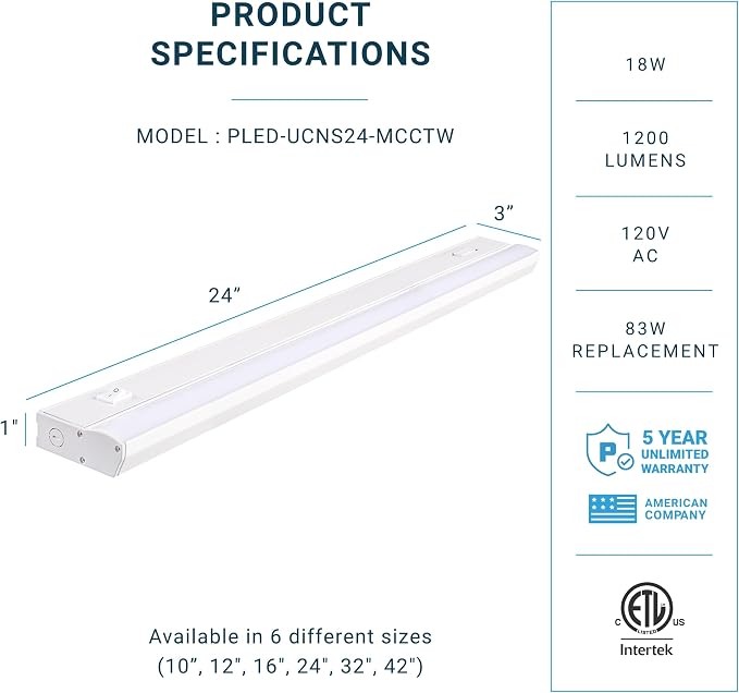 PARMIDA LED Under Cabinet Lighting, Hardwired Installation, 24 Inch, 18W, 5CCT Color Selectable - 2700K/3000K/4000K/5000K/6000K, ETL Listed, 120V, Dimmable, 1200 Lumens, White Finish