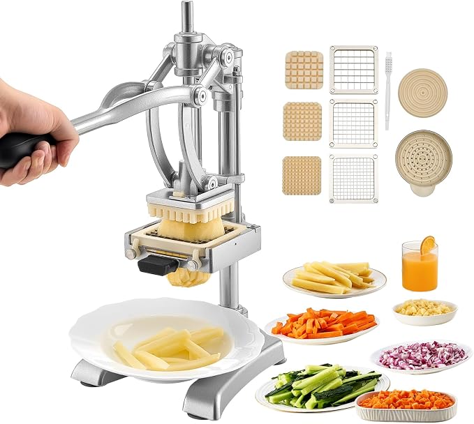 VEVOR French Fry Cutter, Ergonomic Potato Slicer with 3 Blades (1/2", 3/8", 1/4") & Juicer Plate, Easy-Replace Vegetable Chopper Dicer for Carrot, Onion, Lemon, Ideal for Home & Commercial Kitchens