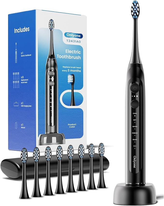 Onlyone Electric Toothbrush for Adults, Rechargeable Electric Toothbrush with 8 Brush Heads, Travel Case, Charging Base & Wireless Charging - 5 Modes with Smart Timer