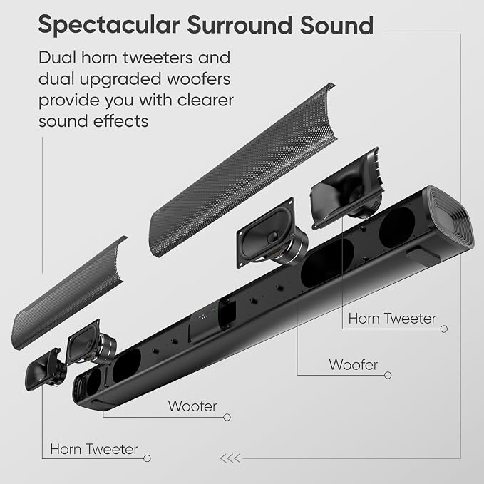 Sound Bar for Smart TV, 80W Surround Sound System, 2-in-1 Detachable Design, 2.0 Channel Soundbar, Dual Woofers & Dual Silk Horn Tweeters, Bluetooth5.3 ARC AUX Optical Home Theater Speaker