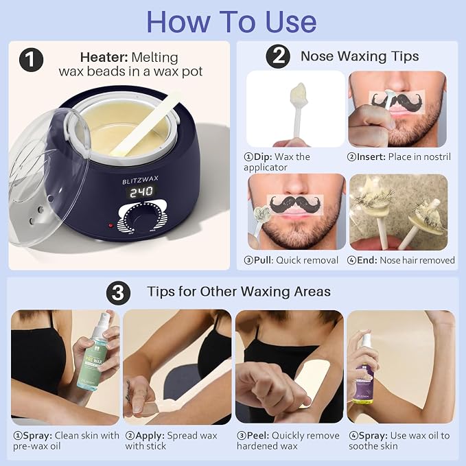 BLITZWAX Brazilian and Bikini Waxing Kit for Men, Hard Wax Warmer for Face, Legs, and Body, At Home Hair Removal Kit, Beginner Friendly, Quick Heating, 30 Nose Wax Sticks