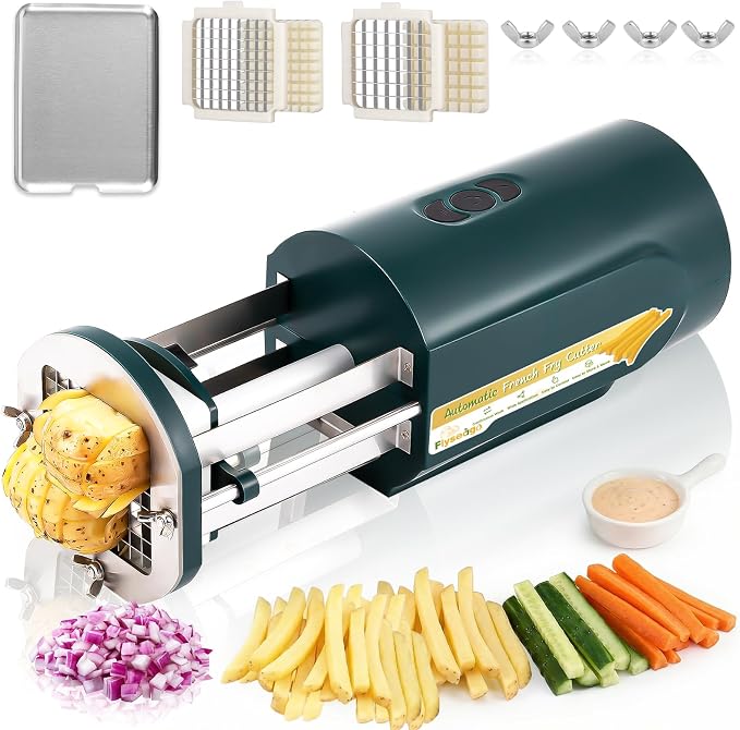 Electric French Fry Cutter with 1/2&3/8 Inch Stainless Steel Blades Professional Potato Cutter's Custom Tray, Automatic Efficient Vegetable Dicer for Carrots, Zucchini, Apples&Onions (Green)