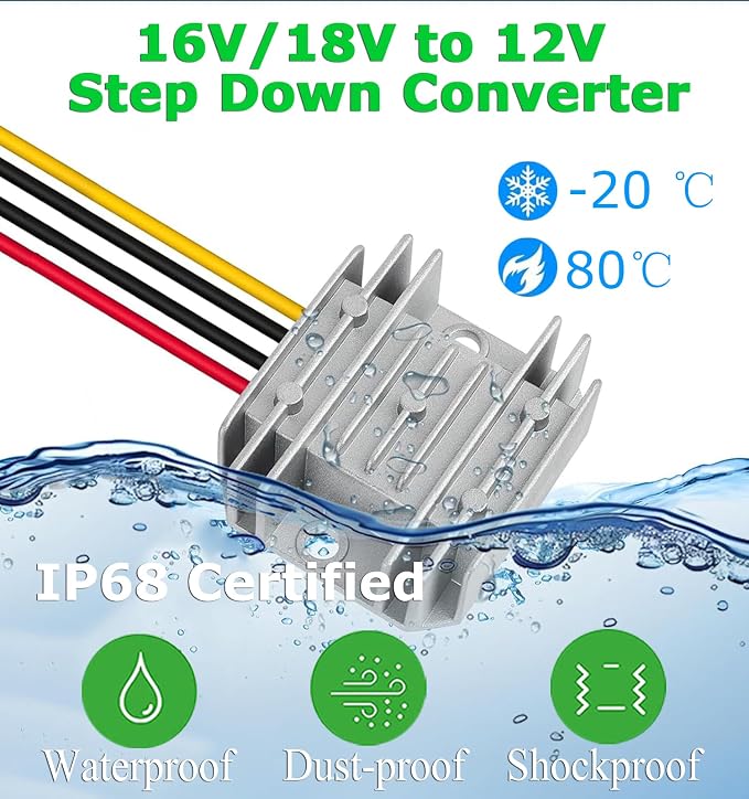 EAGWELL DC 8-40v to 12v Converter 3A 36W Step Down Converter Voltage Reducer IP68 Waterproof Transformer for Golf Cart Truck Boat Vehicle