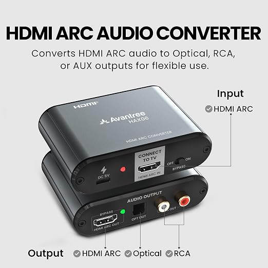 Avantree HAX06 – HDMI ARC Audio Extractor for TV with Passthrough, Play Soundbar & Headphones Simultaneously, Optical & RCA Outputs