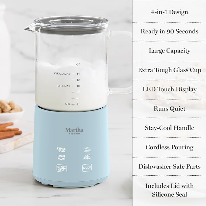 Martha Stewart Milk Frother and Steamer, 10oz/300ml Glass Cup, 4 Presets (Cold Foam, Light, Dense & Hot Chocolate), Ready in 90 Seconds, Cordless Pouring, One-Touch for Hot and Cold Milk, Sky Blue