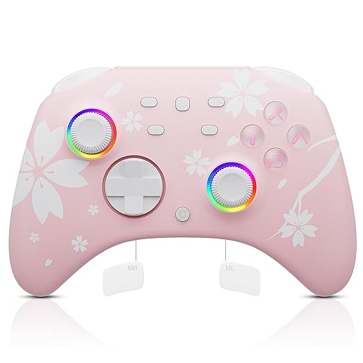 Mytrix Wireless Controllers for Switch/Switch 2, Windows PC iOS Android Steam/Steam Deck, Sakura Pink Bluetooth Controller with Programmable, Hall Effect Joysticks, Adjustable LED Light/Turbo/Vibration