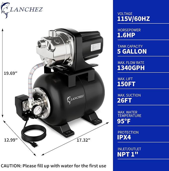 LANCHEZ Shallow Well Pump, Stainless Steel Garden Irrigation Pump, 115V Water Transfer Pump, Water Booster Jet Pump for Home Garden Lawn Farm, Glossy black