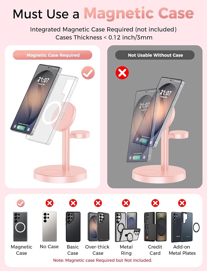 Magnetic Wireless Charger for Samsung, 3 in 1 Super Fast Charging Station Compatible with MagSafe, Phone Charger Stand for Samsung Galaxy S26 Ultra S25 Z Fold/Flip 7, Watch Ultra 8 7 6, Buds 4/3 Pro