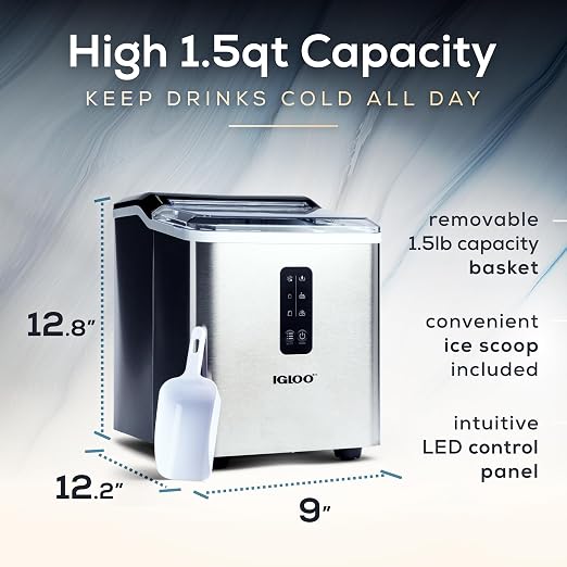 Igloo Portable Ice Maker with Scoop - Ice Maker with LED Control Panel & 1.5 Quart Water Tank - Stainless Ice Cube Maker Produces 26 Lbs. of Ice in 24 Hours with 9 Large or Small Cubes in 7 Minutes