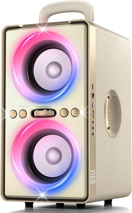 YIER Bluetooth Speaker, 240W Peak Loud Party Speaker with Big Bass, 20H Playtime, TWS, BT5.3, Large Portable Wireless Boom Box with LED Light for Outdoor Backyard Beach Home (Leather White)