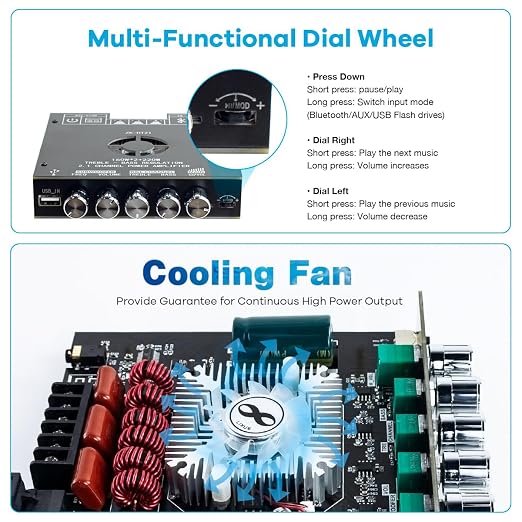 ZK-HT21 TDA7498E Bluetooth Amplifier Board 160W×2+220W Subwoofer 2.1 Channel Audio Receiver Power Amplifier Module with Treble and Bass Control for DIY Speakers