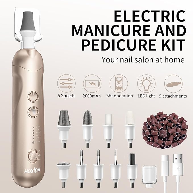 Manicure Pedicure Kit, Professional Nail Grinder for Senior Thick Toenail, Cordless Electric Nail File, 5 Speeds Pedicure Tools for feet Callus Remover, Nail Drill for Women Hand Feet Care