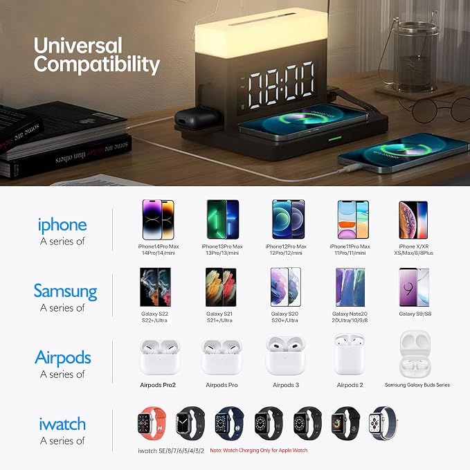 Wireless Charger,6 in 1 Wireless Charging Station with Digital Alarm Clock & Night Light,15W Fast Charger Compatible with iPhone 14/13/12/11/XS Samsung Galaxy AirPods & Apple Watch (Black)