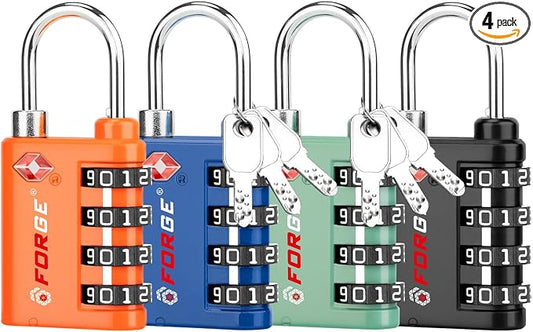 Forge Dual-Opening: Key or Combination Lock, TSA Approved Lock for Luggage, Pelican case, Travel, Gym, School, Luggage Combination Lock, Travel Bag Lock (4 Colors 4 Pk)