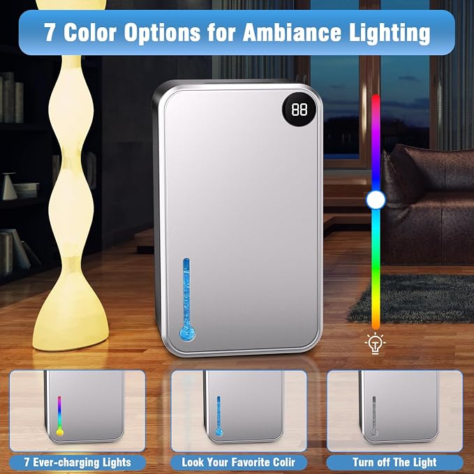 Dehumidifier, 55OZ Dehumidifiers for Home, Quiet with Auto Shut Off, Humidity Display Dehumidifier for Bedroom/Bathroom, Timer, Drain Hose, 7-color LED light, Moisture Absorbers (Grey)