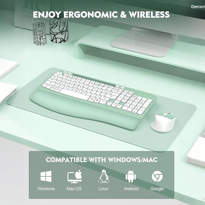 Wireless Keyboard and Mouse Combo, Full-Sized Ergonomic Wave Keys Keyboard with Memory Foam Wrist Rest & Phone Holder, 2.4G Quiet Keyboard Mouse Work Setup for PC Laptop, Office or Home (Mint Green)
