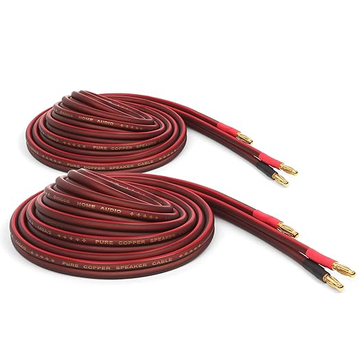 Micca 14 Gauge Pure Copper Speaker Cables, 13 Feet Each (4 Meters), 2 Pack Pair, Gold Plated Banana Plugs Connectors, Soldered Construction, Slim Design, 245 Strands, for Stereo or Home Theater