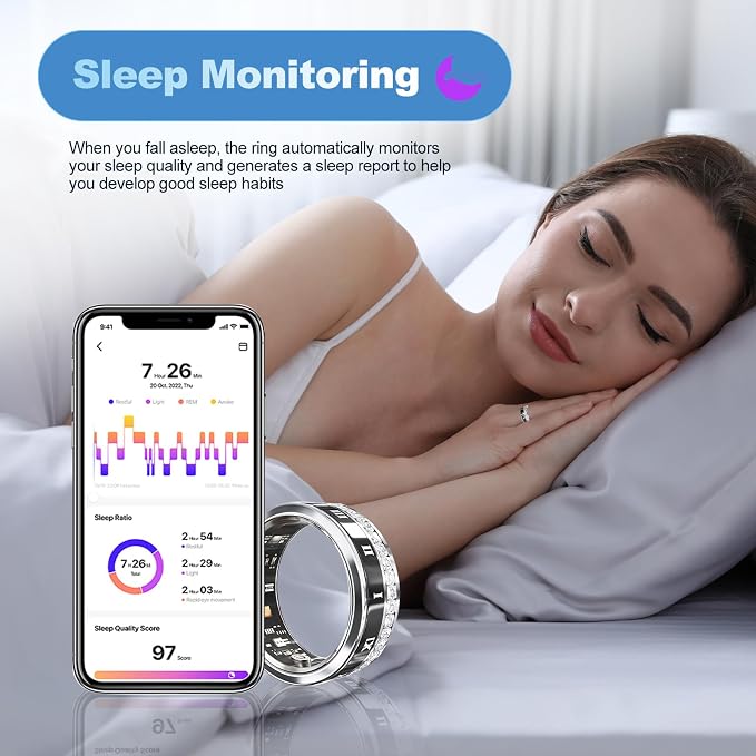 Smart Ring for Women & Men, AI Health Monitor with Blood Oxygen & Stress Tracking, No Subscription Fee, IP68 Waterproof Diamond-Encrusted Black 8#