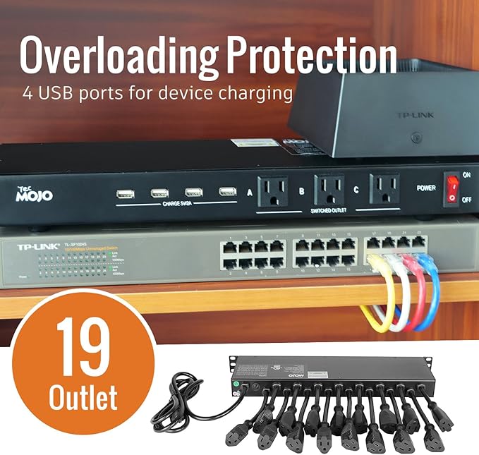 Tecmojo 1U Rack Mount 19 Outlet PDU Power Distribution Unit Circuit Breaker fits 19-inch AV/Network/Server Cabinet/Closet/Enclosure