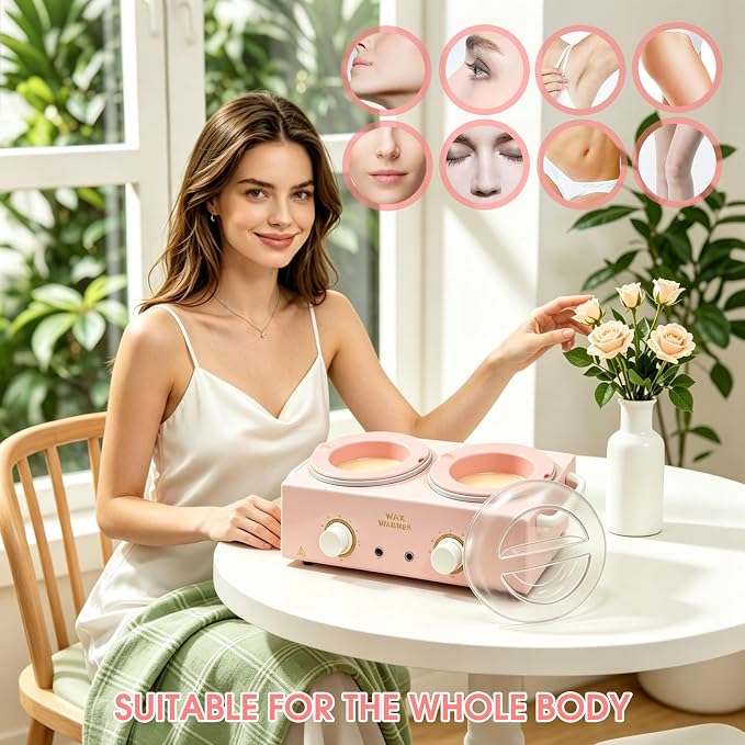 Wax Warmer for Hair Removal, Dual Pot Wax Melter Machine with Silicone Bowls & 20 Wooden Sticks, Adjustable Temperature Pink Wax Heater for Home Spa & Salon Use