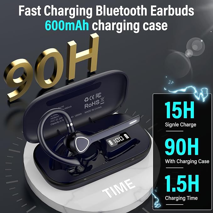 Bluetooth Headset with APTX HD Audio, Wireless Hands-Free Earpiece with CVC 8.0/ENC Dual Mic, Mute Button & Dual Device Connection, 90H Playtime Single-Ear Headphone for Trucker, Business, Navy blue