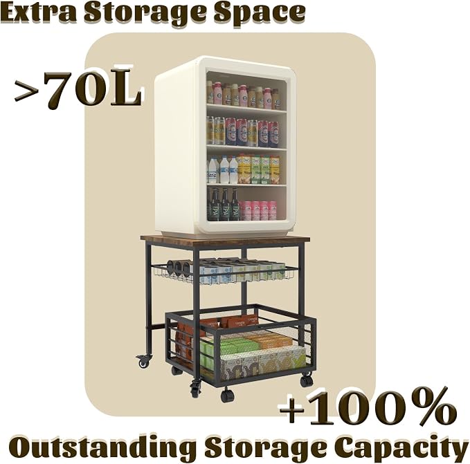 Mini Fridge Stand with Storage, 260LBS Heavy Duty Compact Refrigerator Shelf, 19.7 * 19.7" Movable Mini Fridge Table, Coffee Bar with Lockable Wheels for Kitchen, Home, Office or Dorm