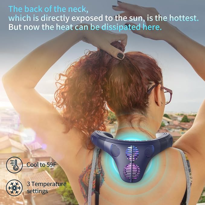 Neck Fan Back-Windy 6000mAh with Cooling Plate Bladeless Portable Thermo-Electric Cooler Rechargeable Camping Essentials for Women Men Outdoor Activities Gardening Walking the Dogs(Navy Blue)