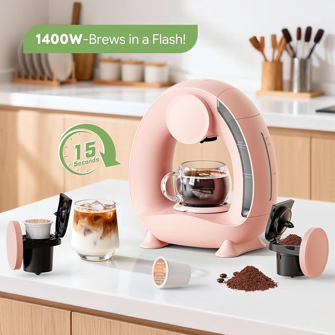 Pod and Grounds Single-Serve Coffee Maker, 2 in 1 One Cup Coffee Machine Compatible with K-Cup Pod & Coffee Grounds/Tea, Compact Design, 4-8oz, Pink
