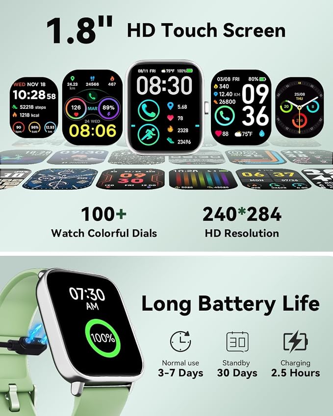 Quican Smart Watch for Women/Men, Compatible for Android Phones and iPhone | Alexa Built-in, 1.8" Fitness Tracker Watches for Women, IP68 Waterproof /Bluetooth Call, Heart Rate/Sleep Monitor, Green