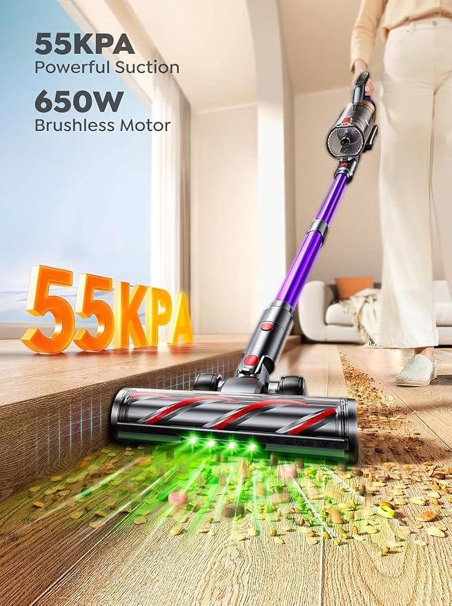 Cordless Vacuum Cleaner, 650W 55KPA 70Mins Vacuum Cleaners for Home, Stick Vacuum with Wall Mount Charging, Auto Mode, LED Touchscreen, 1.8L Dust Cup, Handheld Vacuum for Pet Hair/Carpet/Floor