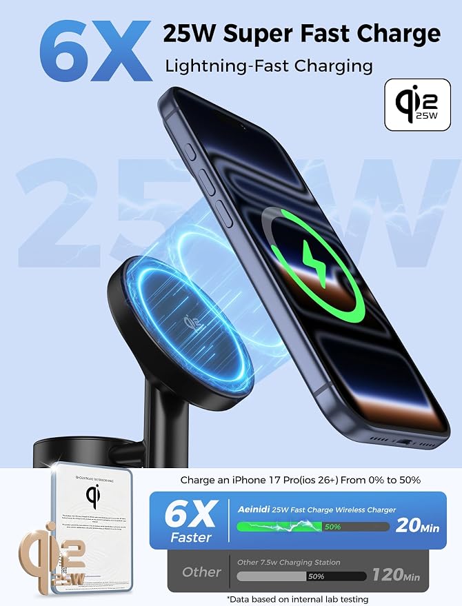 2026 25W 3 in 1 Super Fast Wireless Charging Station Compatible with MagSafe Charger Stand, Magnetic Mag-Safe Charger for iPhone 17 16 15 14 13 12 Series Apple iWatch AirPods Pro 4 3 2, Black