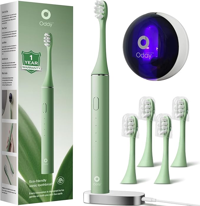 Oday Sonic Electric Toothbrush for Adults with Wall Mounted UV-Cleaning Toothbrush Holder and 4 Brush Heads, Wireless Charging, IPX7 Waterproof, 1 Month+ Battery, Green