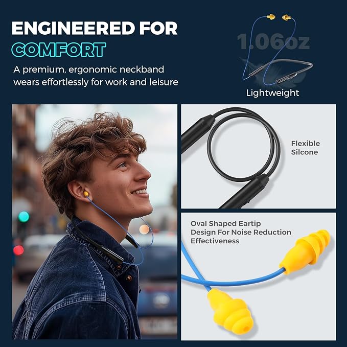 MIPEACE Bluetooth Earplug Headphones, Neckband Wireless Earbuds earplugs-29db Noise Reduction isolating in-Ear earplug Earphones and Controls,IPX6 sweatproof,20+Hour Battery(Blue)