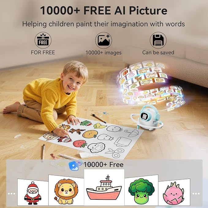 AI Drawing Robot for Kids, 10000+ Free AI-generated Images,Regularly updated image library,Educational Learning Toys for Boys & Girls Ages 3-8 ,AI Enlightenment Painting Toy for Birthday Gift (Cyan)