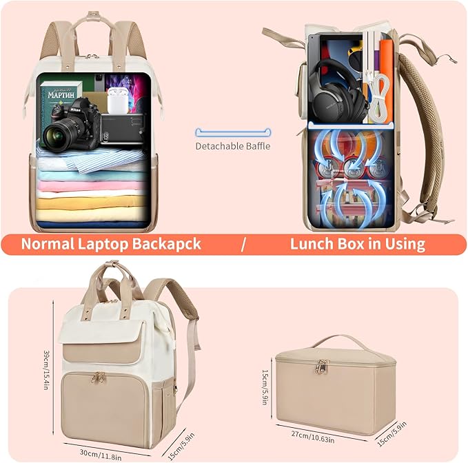 BERTASCHE Lunch Backpack for Women, 15.6 Inch Laptop Backpack with Insulated Cooler Lunch box, Nurse Backpack for Teacher Work Travel College Picnic, Khaki-Beige