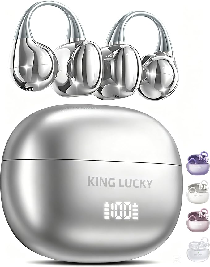 King Lucky Next-gen Clip on Earbuds Open Ear Wireless Bluetooth 6.0 Headphones with Mic,50H Play,ENC,IPX5 Waterproof,Sports Ear Buds,Comfortable for Small Ears&Fitness,Run (Silver, Digital Display)