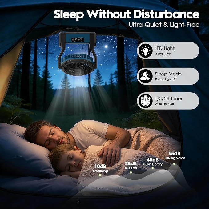 XZK 36000mAh Rechargeable Camping Fan, 98H Runtime Battery Powered Portable Travel Fan with LED Light, Tent Fans for Indoor,Outdoor,Fishing,Jobsite & Hurricane Emergency,Gifts for Men Dad Him,Blue