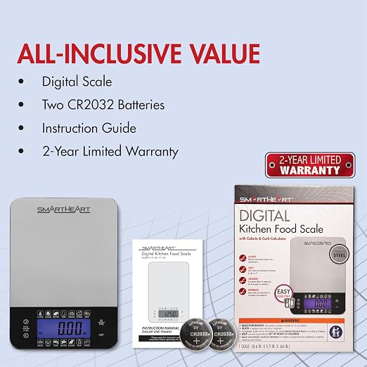 SmartHeart Premium Stainless Steel Digital Food Scale | Kitchen Scale for Meal Prep & Baking, Calorie & Carb Counter, 14 Foods, Tare, 11 lb, g/oz/lb/ml, Backlit LCD