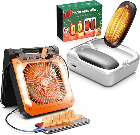 Battery Powered Fan with solar panel (Orange) & Hand Warmer with Charging case (Black)