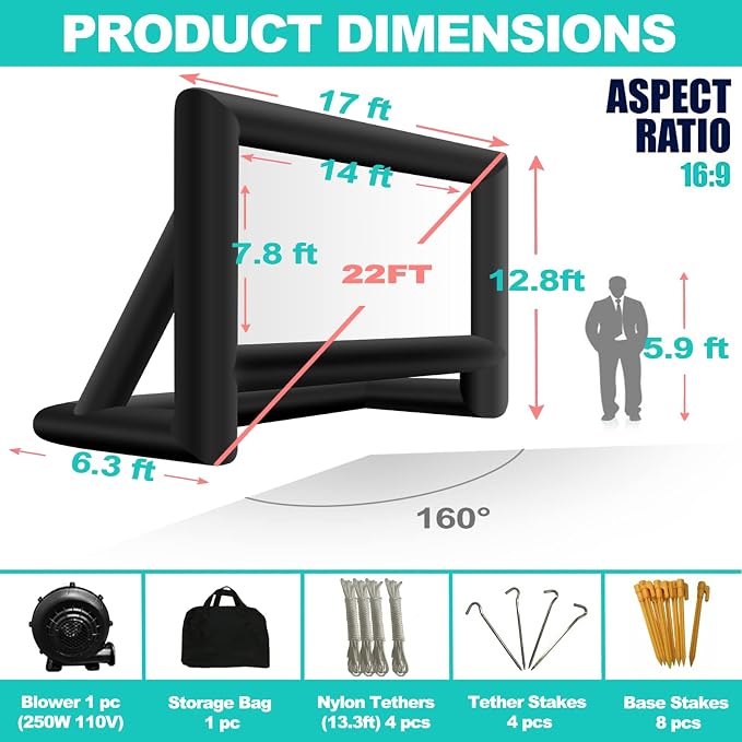 GYUEM 22 feet Projector Screen - Inflatable Outdoor and Indoor Theater Movie Screens - Includes Rope, Blower,Tent Stakes - Great for Outdoor Party Backyard Pool Fun