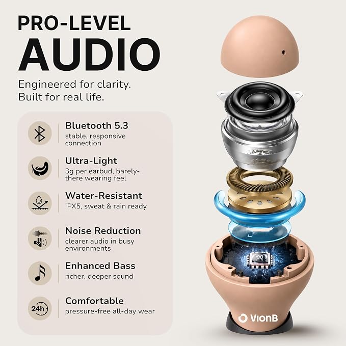 Air Skin Tones Invisible Earbuds for Small Ears - Wireless Bluetooth 5.4, Skin-Matching Mini Stemless Ear Buds, IPX5 Waterproof, ENC Noise Cancelling (Bare Peach)
