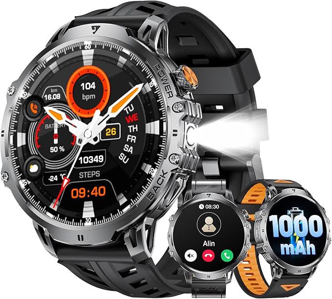 LIGE Military Smart Watches for Men(3 Bands),1000mAh/1.85" HD Large Screen Smartwatch, Flashlight/110+ Sports Modes/IP68 Waterproof/Sleep Monitor, Fitness Tracker Watch for Android iOS,Jet Black