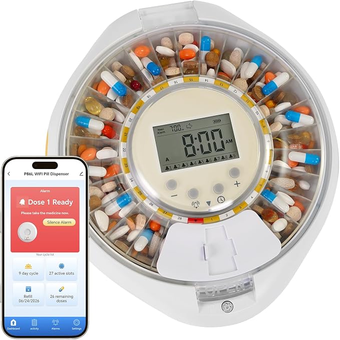 Bluetooth Automatic Pill Dispenser with App/Sound/Light Reminder for Elderly & Caregivers - Up to 9 Alarms/Day, Medication Track History, Front Security Lock & Ergonomic Flip Lid