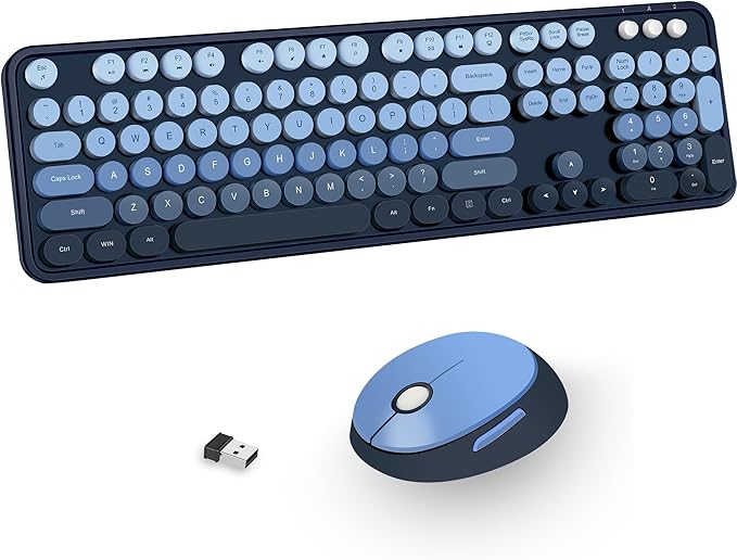 Kootop Wireless Keyboard and Mouse Combo, Cute Colorful 104 Keys Typewriter Retro Round Keycaps Keyboard for PC Laptop,Desktop,Windows, Home and Office Keyboards(Blue)