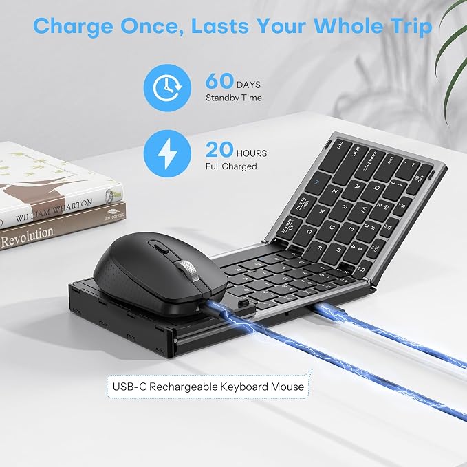 Foldable Keyboard and Mouse Combo for 3 Devices, OMOTON Wireless Bluetooth Set for Business Travel & Office, Rechargeable Keyboard + Ergonomic Mouse for iPad iPhone Tablet Mac Windows, Space Grey