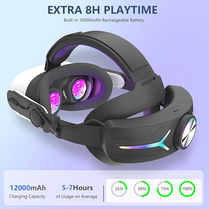Head Strap for Meta Quest 3/3s Accessories Upgraded RGB Lighted with Battery 12000mAh, Quick Charge for Extended Playtime, to Reduce Facial Stress, Adjustable Elite Strap, (Black-1)